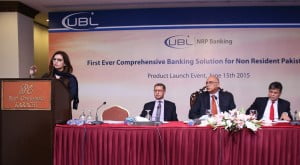 UBL recently launched its NRP Banking offering at the Pearl Continental Hotel, Karachi. Mr. Wajahat Husain, President & CEO, UBL (second from right) attended the event. Also seen in picture are Ms. Maliha Anwer Khan, Head Wealth Management & NRP, UBL (first left) Mr, Abrar Mir, Group Executive, Banking Products, UBL (second left) and Mr. Aameer Karachiwalla, COO-UBL (first right).